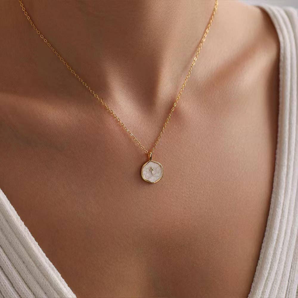 Octagon Enamel Cross Pendant Necklace in Stainless Steel: White