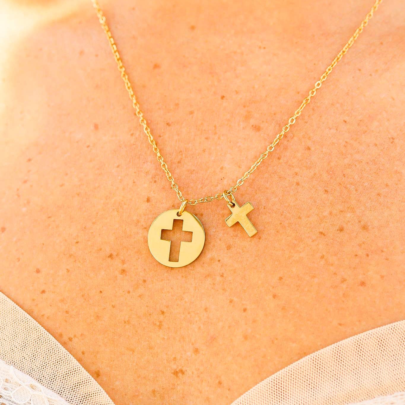 Stainless Steel Cross Cutout Necklace: Gold