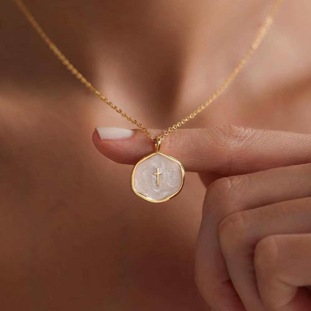 Octagon Enamel Cross Pendant Necklace in Stainless Steel: White