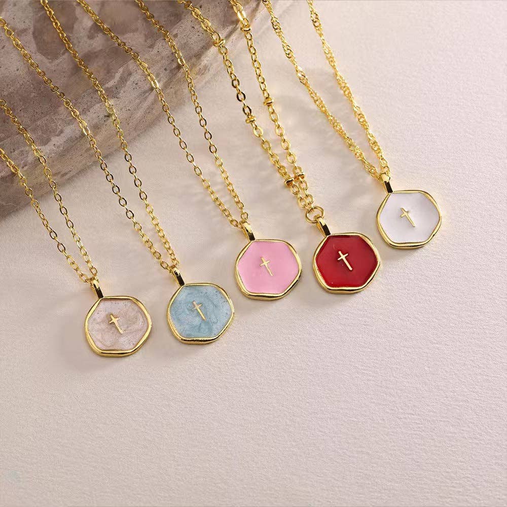 Octagon Enamel Cross Pendant Necklace in Stainless Steel: White
