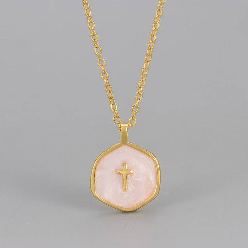 Octagon Enamel Cross Pendant Necklace in Stainless Steel: White