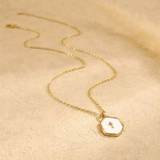 Octagon Enamel Cross Pendant Necklace in Stainless Steel: White