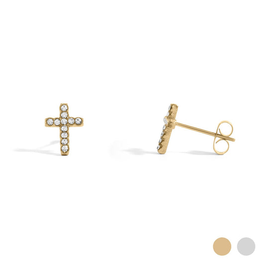 Stone Cross Earrings Studs Gold