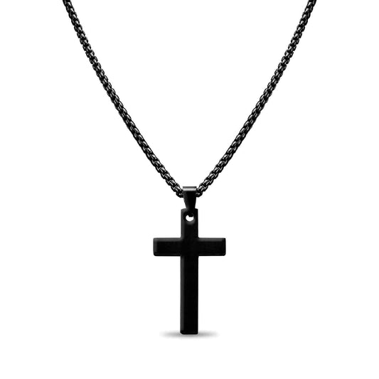 Stainless Steel Box Chain Cross Necklace: Black / 40mm